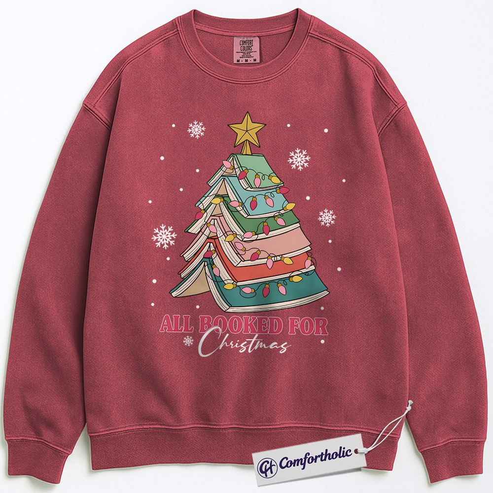 All Booked for Christmas Sweatshirt, Funny Book Lover Holiday Pullover, Cute Reading Christmas Tree Graphic Crewneck, Literary Gift for Readers, Christmas Comfort Colors Sweatshirt - Image 8