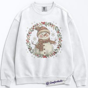 Alternative view of Snowman Christmas Sweatshirt, Cute Winter Snowman Wreath Pullover, Festive Holiday Graphic Crewneck for Women, Cozy Christmas Gift Idea, Christmas Comfort Colors Sweatshirt