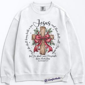 Alternative view of Jesus Cross Christmas Sweatshirt, Matthew 1:21 Bible Verse Pullover, Christian Faith Holiday Graphic Crewneck, Religious Christmas Gift for Women, Christmas Comfort Colors Sweatshirt