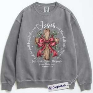 Jesus Cross Christmas Sweatshirt, Matthew 1:21 Bible Verse Pullover, Christian Faith Holiday Graphic Crewneck, Religious Christmas Gift for Women, Christmas Comfort Colors Sweatshirt