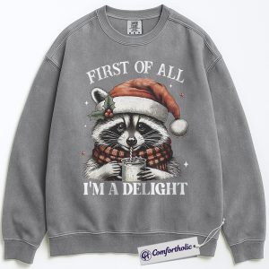 Alternative view of Raccoon Christmas Sweatshirt, Funny Holiday Animal Crewneck, Cute Santa Raccoon Hot Cocoa Graphic Sweatshirt, Christmas Gift for Animal Lovers, Christmas Comfort Colors Sweatshirt