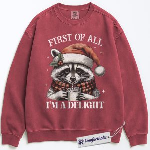 Raccoon Christmas Sweatshirt, Funny Holiday Animal Crewneck, Cute Santa Raccoon Hot Cocoa Graphic Sweatshirt, Christmas Gift for Animal Lovers, Christmas Comfort Colors Sweatshirt