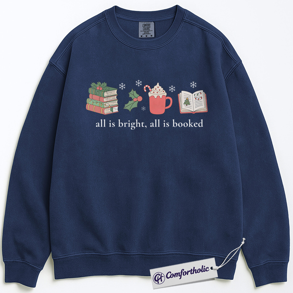 All Is Bright All Is Booked Sweatshirt, Book Lover Christmas Crewneck, Cute Reading Holiday Graphic Sweatshirt, Gift for Librarians and Readers, Christmas Comfort Colors Sweatshirt - Image 4