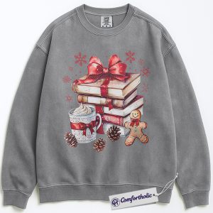Alternative view of Book Lover Christmas Sweatshirt, Cozy Winter Reading Pullover, Gingerbread Hot Cocoa Holiday Graphic Sweatshirt, Gift for Readers and Librarians, Christmas Comfort Colors Sweatshirt