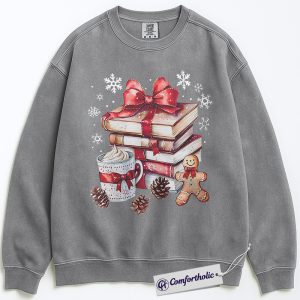 Alternative view of Book Lover Christmas Sweatshirt, Cozy Winter Reading Crewneck, Gingerbread Hot Cocoa Holiday Graphic Sweatshirt, Gift for Readers & Librarians, Christmas Comfort Colors Sweatshirt