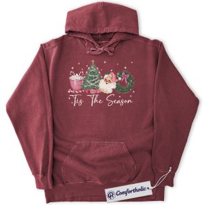 Alternative view of Tis The Season Christmas Hoodie, Vintage Santa Tree Wreath Hoodie, Cute Pink Holiday Graphic Pullover, Festive Winter Gift, Christmas Comfort Colors Hoodie