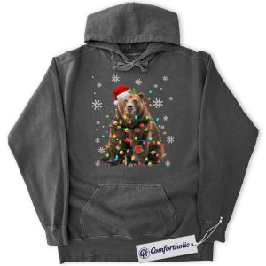 Alternative view of Bear Christmas Tree Hoodie, Funny Animal Holiday Hoodie, Cute Wildlife Graphic Pullover, Festive Gift for Animal Lovers, Christmas Comfort Colors Hoodie