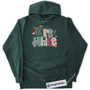 Personalized Teacher Christmas Hoodie, Custom Name Patchwork Holiday Hoodie, Cute Classroom Graphic Pullover, Festive Gift for Educators, Christmas Comfort Colors Hoodie