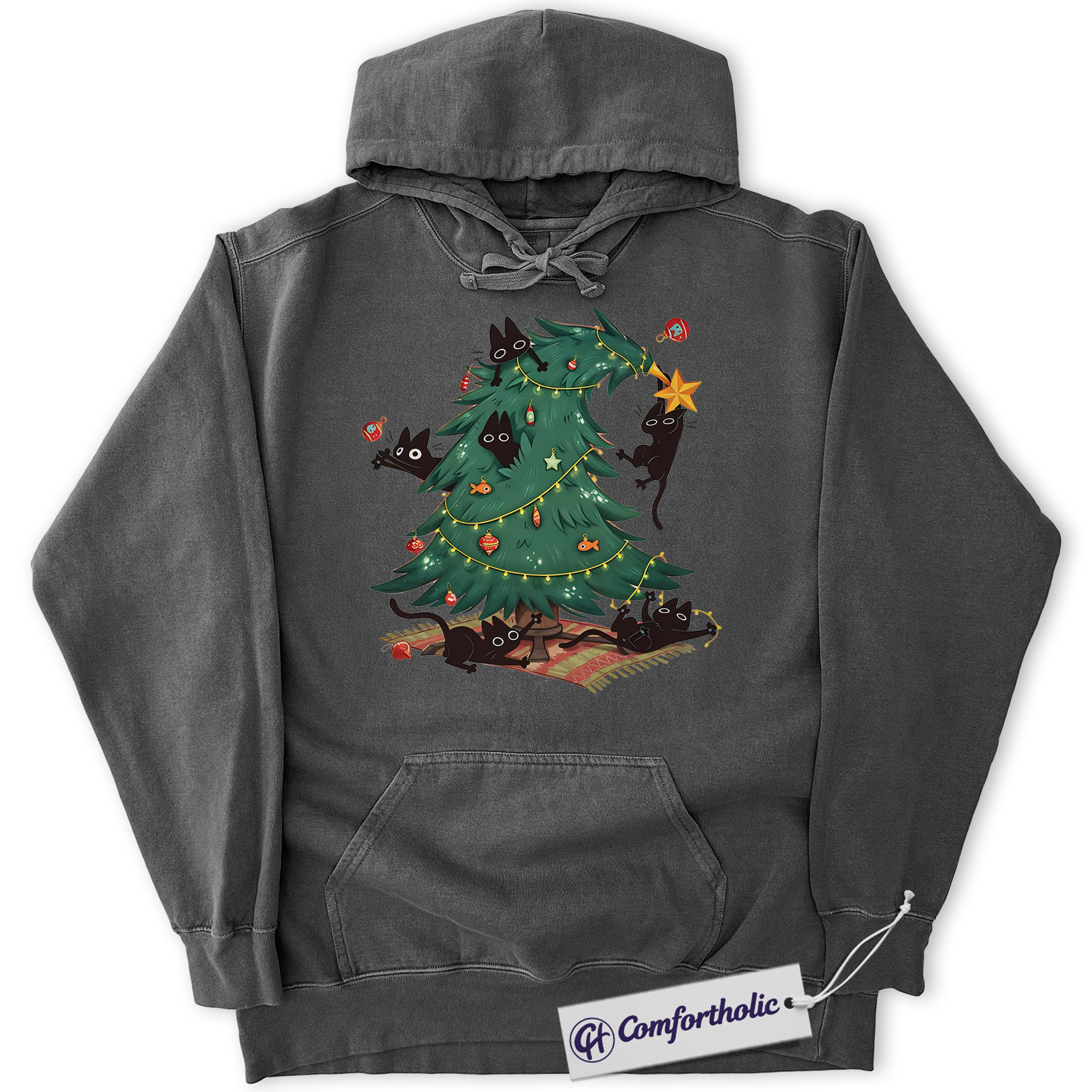 Funny Christmas Cat Hoodie, Naughty Black Cats Christmas Tree Hoodie, Cute Holiday Pet Lover Graphic Pullover, Gift for Cat Owners, Christmas Comfort Colors Hoodie - Image 2
