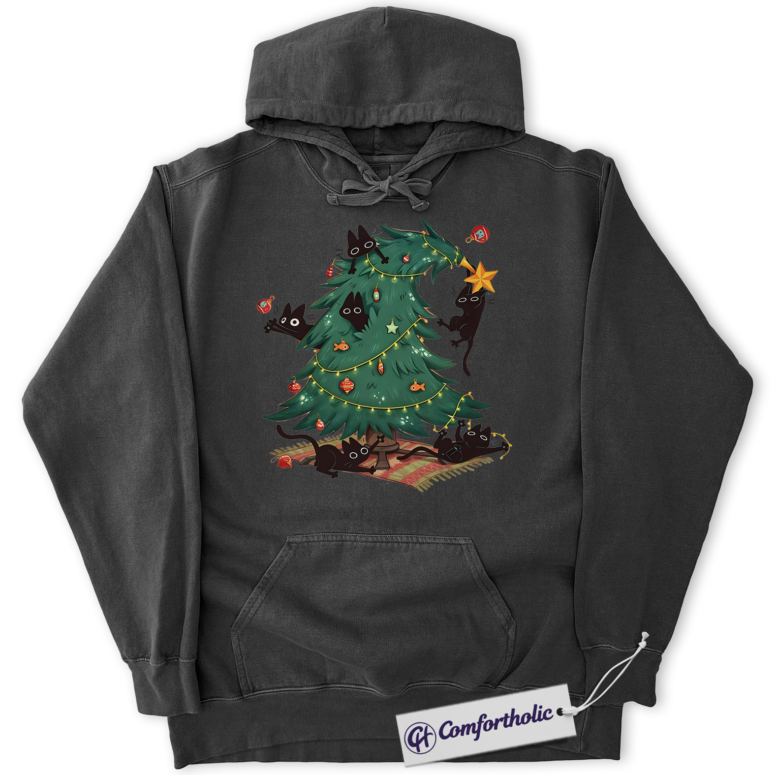Funny Christmas Cat Hoodie, Naughty Black Cats Christmas Tree Hoodie, Cute Holiday Pet Lover Graphic Pullover, Gift for Cat Owners, Christmas Comfort Colors Hoodie - Image 3