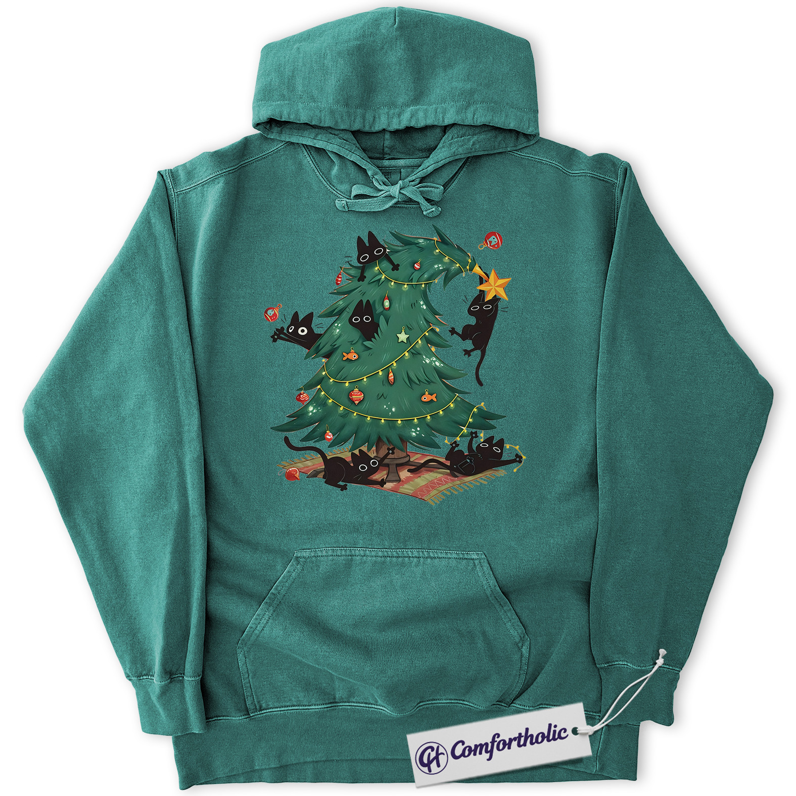 Funny Christmas Cat Hoodie, Naughty Black Cats Christmas Tree Hoodie, Cute Holiday Pet Lover Graphic Pullover, Gift for Cat Owners, Christmas Comfort Colors Hoodie - Image 8