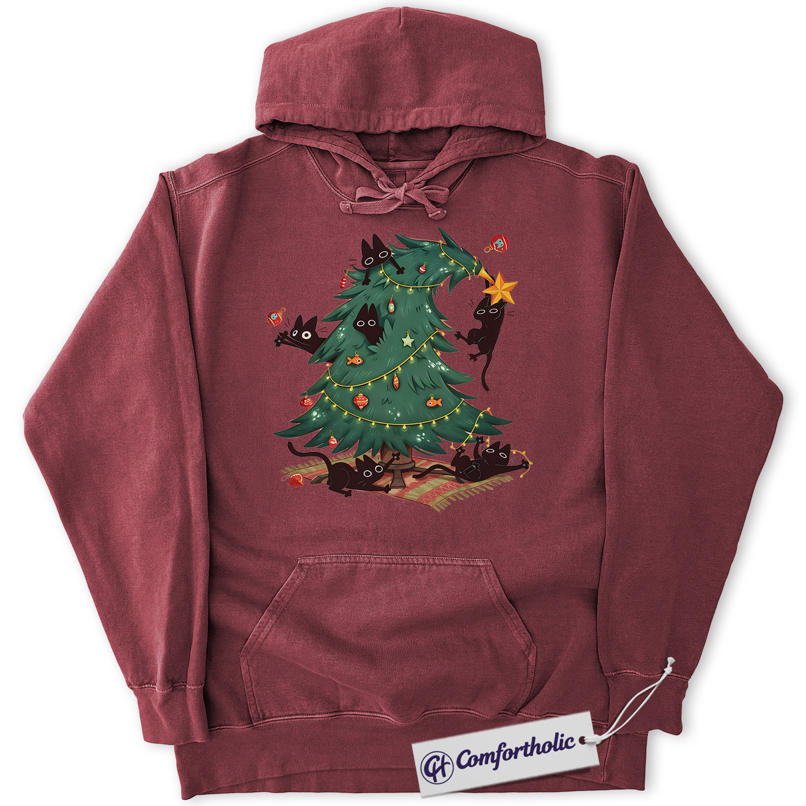 Funny Christmas Cat Hoodie, Naughty Black Cats Christmas Tree Hoodie, Cute Holiday Pet Lover Graphic Pullover, Gift for Cat Owners, Christmas Comfort Colors Hoodie - Image 9