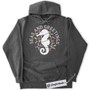 Alternative view of Seas and Greetings Hoodie, Funny Coastal Christmas Hoodie, Seahorse Holiday Graphic Pullover, Beach Lover Festive Gift, Christmas Comfort Colors Hoodie