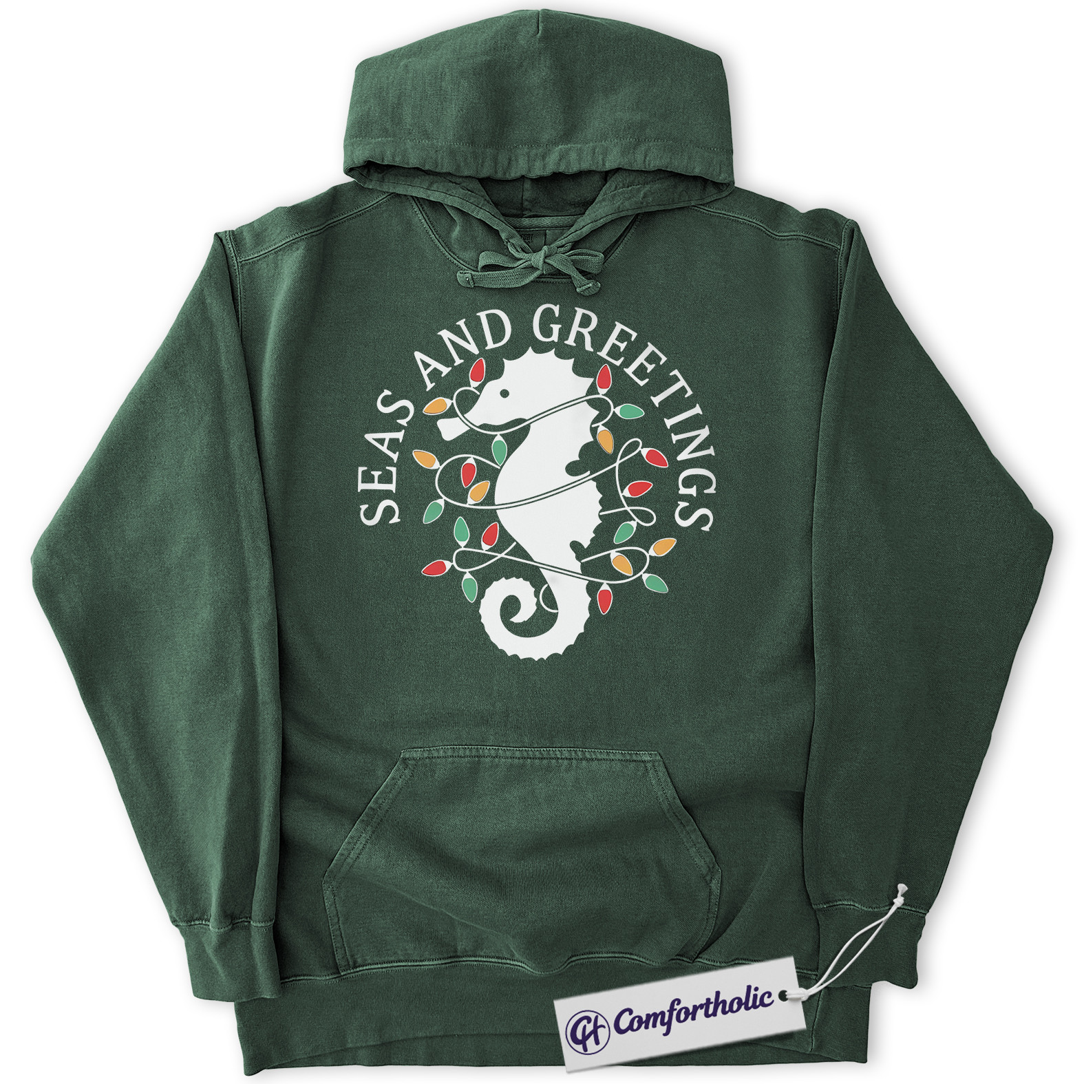 Seas and Greetings Hoodie, Funny Coastal Christmas Hoodie, Seahorse Holiday Graphic Pullover, Beach Lover Festive Gift, Christmas Comfort Colors Hoodie - Image 6