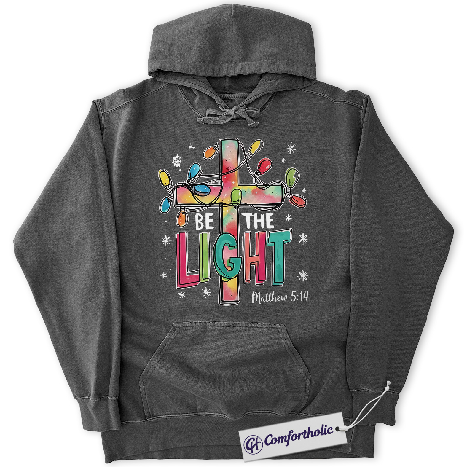 Be The Light Christmas Hoodie, Matthew 5:14 Bible Verse Hoodie, Faith-Based Christian Graphic Pullover, Inspirational Jesus Cross Gift for Believers, Christmas Comfort Colors Hoodie - Image 3