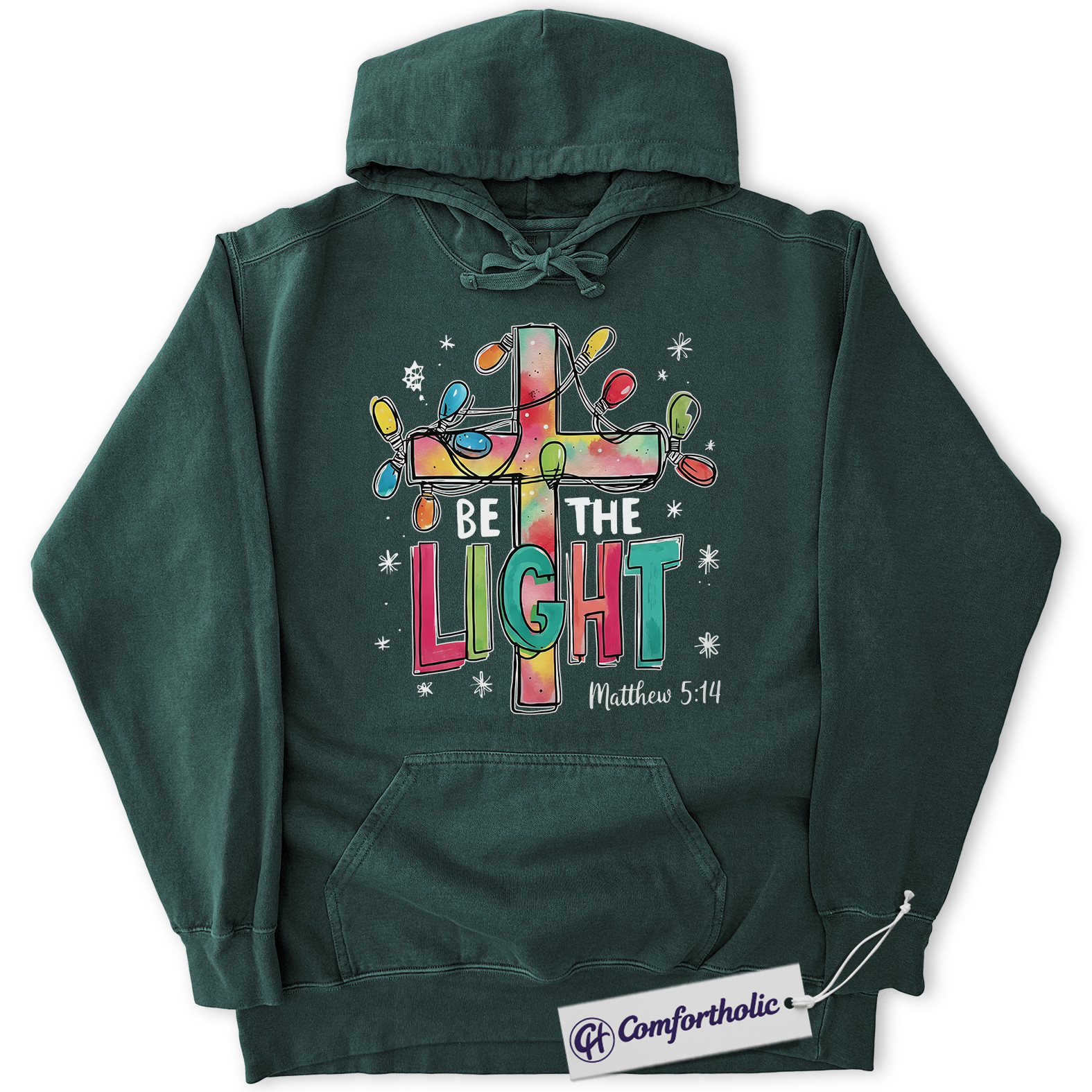 Be The Light Christmas Hoodie, Matthew 5:14 Bible Verse Hoodie, Faith-Based Christian Graphic Pullover, Inspirational Jesus Cross Gift for Believers, Christmas Comfort Colors Hoodie