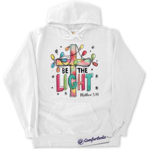 Alternative view of Be The Light Christmas Hoodie, Matthew 5:14 Bible Verse Hoodie, Faith-Based Christian Graphic Pullover, Inspirational Jesus Cross Gift for Believers, Christmas Comfort Colors Hoodie