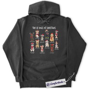 The 12 Dogs of Christmas Hoodie, Funny Dog Lover Holiday Hoodie, Cute Pet Breed Graphic Pullover, Christmas Gift for Dog Moms and Animal Lovers, Christmas Comfort Colors Hoodie