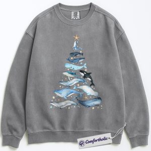 Alternative view of Whale Christmas Tree Sweatshirt, Ocean Lover Holiday Pullover, Marine Animal Graphic Sweatshirt, Sea Life Christmas Gift for Nature Lovers, Christmas Comfort Colors Sweatshirt