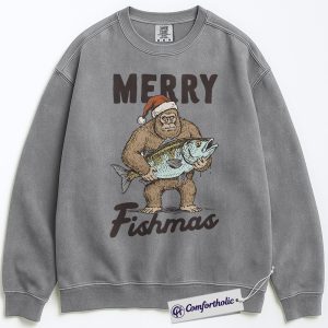 Merry Fishmas Sweatshirt, Funny Bigfoot Fishing Christmas Pullover, Fisherman Holiday Graphic Sweatshirt, Outdoor Humor Gift for Men, Christmas Comfort Colors Sweatshirt