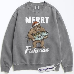 Alternative view of Merry Fishmas Sweatshirt, Funny Bigfoot Fishing Holiday Sweatshirt, Fisherman Christmas Graphic Sweatshirt, Outdoor Humor Gift for Men, Christmas Comfort Colors Sweatshirt