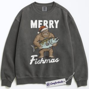 Merry Fishmas Sweatshirt, Funny Bigfoot Fishing Holiday Sweatshirt, Fisherman Christmas Graphic Sweatshirt, Outdoor Humor Gift for Men, Christmas Comfort Colors Sweatshirt