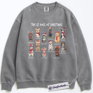 Alternative view of Twelve Dogs of Christmas Sweatshirt, Funny Dog Lover Holiday Pullover, Cute Pet Breed Graphic Sweatshirt, Christmas Gift for Dog Moms & Animal Lovers, Christmas Comfort Colors Sweatshirt