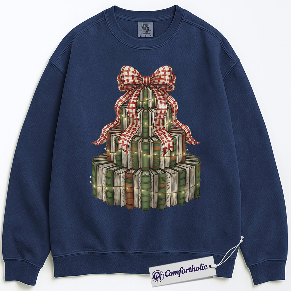 Book Christmas Tree Sweatshirt, Cozy Book Lover Holiday Pullover, Festive Bookish Graphic Sweatshirt, Gift for Readers and Librarians, Christmas Comfort Colors Sweatshirt - Image 5