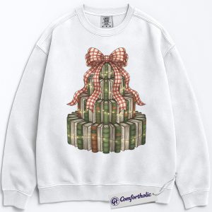 Alternative view of Book Christmas Tree Sweatshirt, Cozy Book Lover Holiday Pullover, Festive Bookish Graphic Sweatshirt, Gift for Readers and Librarians, Christmas Comfort Colors Sweatshirt
