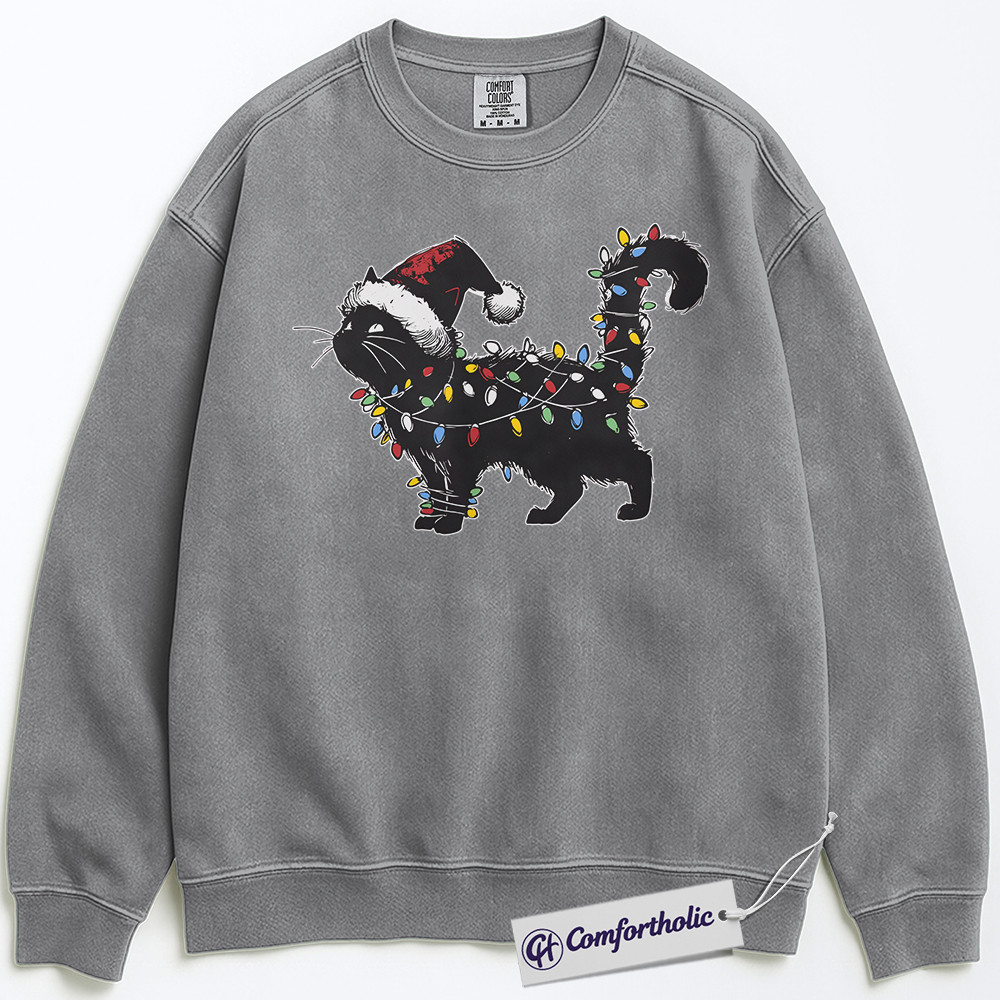 Black Cat Christmas Sweatshirt, Funny Santa Hat Cat Pullover, Cute Festive Kitty Holiday Graphic Sweatshirt, Cat Lover Christmas Gift for Women, Christmas Comfort Colors Sweatshirt - Image 2