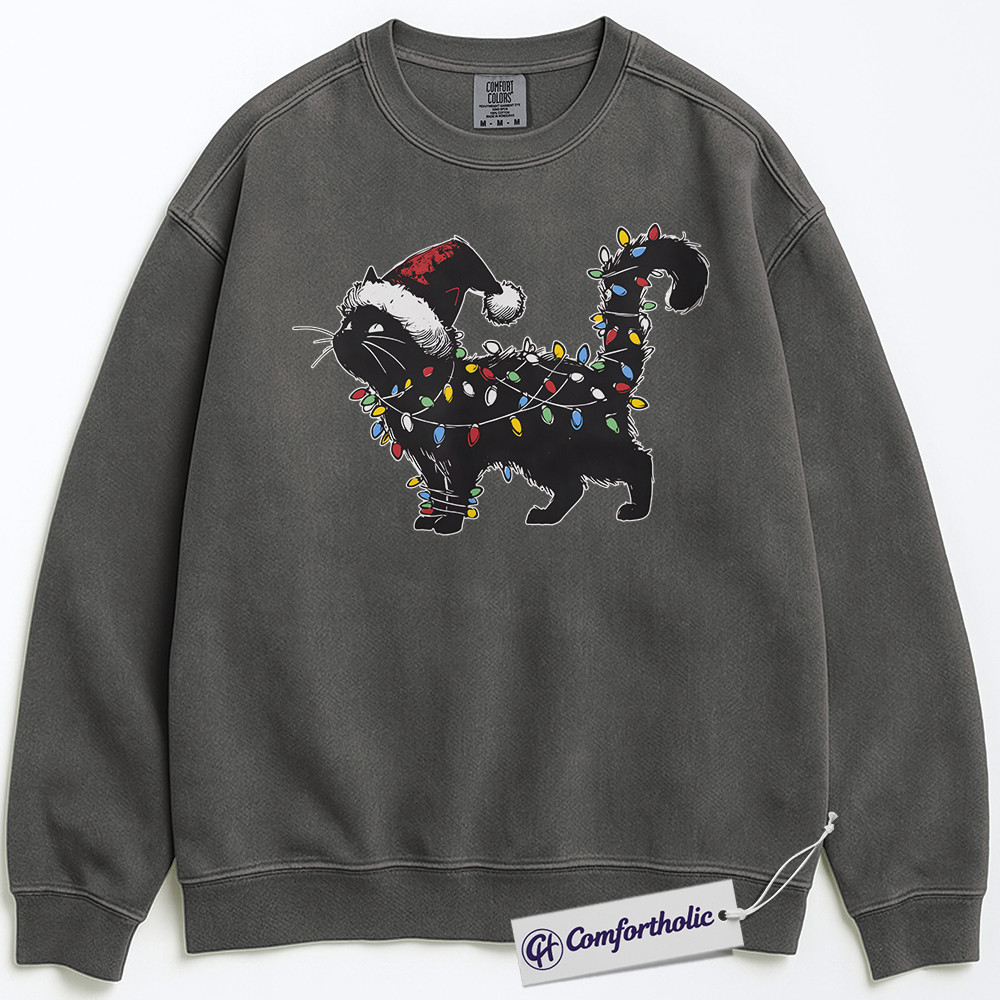 Black Cat Christmas Sweatshirt, Funny Santa Hat Cat Pullover, Cute Festive Kitty Holiday Graphic Sweatshirt, Cat Lover Christmas Gift for Women, Christmas Comfort Colors Sweatshirt - Image 3