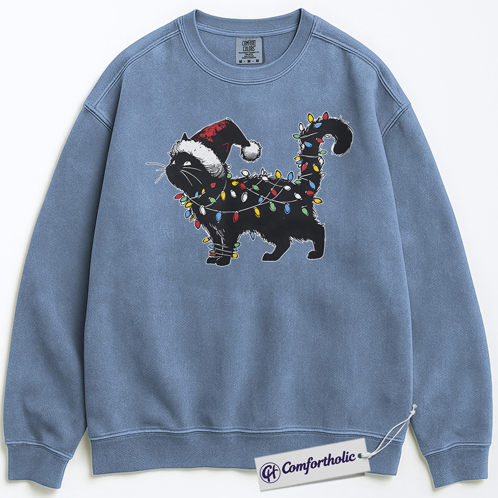 Black Cat Christmas Sweatshirt, Funny Santa Hat Cat Pullover, Cute Festive Kitty Holiday Graphic Sweatshirt, Cat Lover Christmas Gift for Women, Christmas Comfort Colors Sweatshirt - Image 5