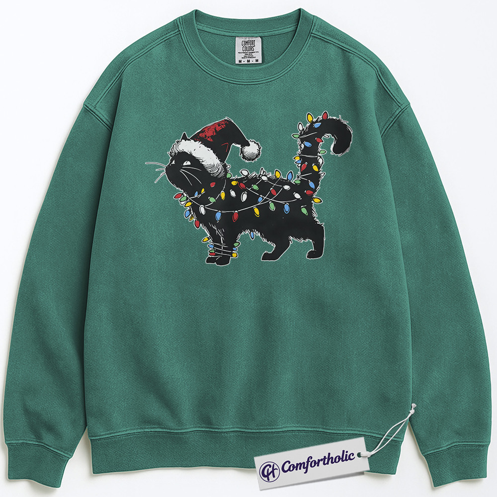 Black Cat Christmas Sweatshirt, Funny Santa Hat Cat Pullover, Cute Festive Kitty Holiday Graphic Sweatshirt, Cat Lover Christmas Gift for Women, Christmas Comfort Colors Sweatshirt - Image 6