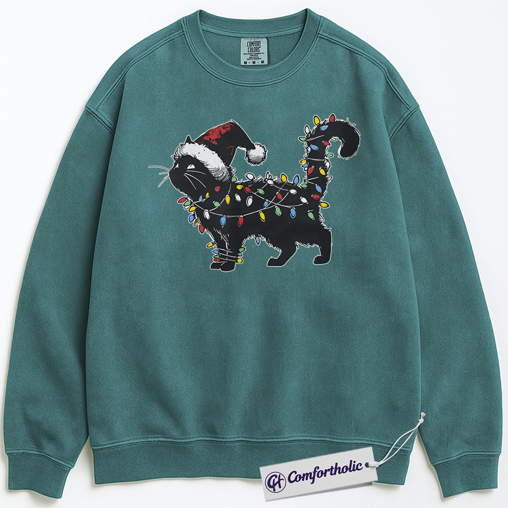 Black Cat Christmas Sweatshirt, Funny Santa Hat Cat Pullover, Cute Festive Kitty Holiday Graphic Sweatshirt, Cat Lover Christmas Gift for Women, Christmas Comfort Colors Sweatshirt - Image 7