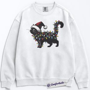 Black Cat Christmas Sweatshirt, Funny Santa Hat Cat Pullover, Cute Festive Kitty Holiday Graphic Sweatshirt, Cat Lover Christmas Gift for Women, Christmas Comfort Colors Sweatshirt