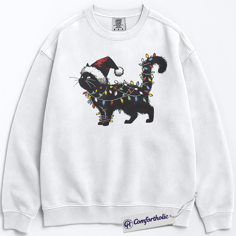 Black Cat Christmas Sweatshirt, Funny Santa Hat Cat Pullover, Cute Festive Kitty Holiday Graphic Sweatshirt, Cat Lover Christmas Gift for Women, Christmas Comfort Colors Sweatshirt