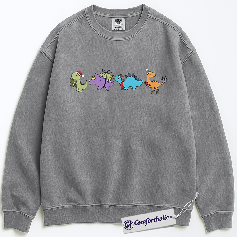 Cute Dinosaur Christmas Sweatshirt, Funny Holiday Dino Pullover, Cartoon Jurassic Gift for Kids and Adults, Festive Prehistoric Graphic Sweatshirt, Comfort Colors Sweatshirt - Image 3