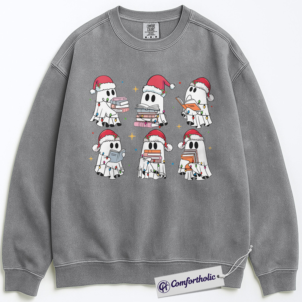 Christmas Ghost Book Lover Sweatshirt, Cute Holiday Ghost Reading Pullover, Funny Spooky Season Bookworm Graphic Sweatshirt, Festive Halloween and Christmas Gift, Comfort Colors Sweatshirt - Image 3