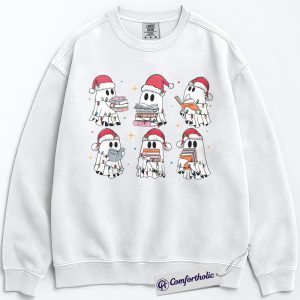 Alternative view of Christmas Ghost Book Lover Sweatshirt, Cute Holiday Ghost Reading Pullover, Funny Spooky Season Bookworm Graphic Sweatshirt, Festive Halloween and Christmas Gift, Comfort Colors Sweatshirt