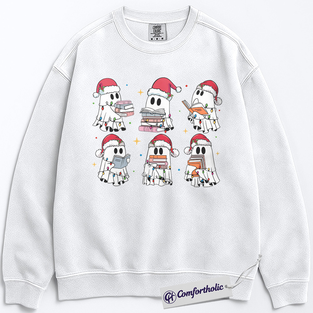 Christmas Ghost Book Lover Sweatshirt, Cute Holiday Ghost Reading Pullover, Funny Spooky Season Bookworm Graphic Sweatshirt, Festive Halloween and Christmas Gift, Comfort Colors Sweatshirt - Image 2