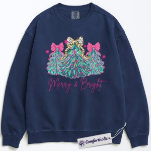Alternative view of Merry and Bright Christmas Sweatshirt, Pink Bow Christmas Tree Pullover, Cute Holiday Graphic Sweatshirt, Festive Winter Outfit for Women, Christmas Comfort Colors Sweatshirt