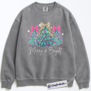 Alternative view of Merry and Bright Christmas Sweatshirt, Pink Bow Christmas Tree Sweatshirt, Cute Holiday Graphic Pullover, Festive Winter Outfit for Women, Christmas Comfort Colors Sweatshirt