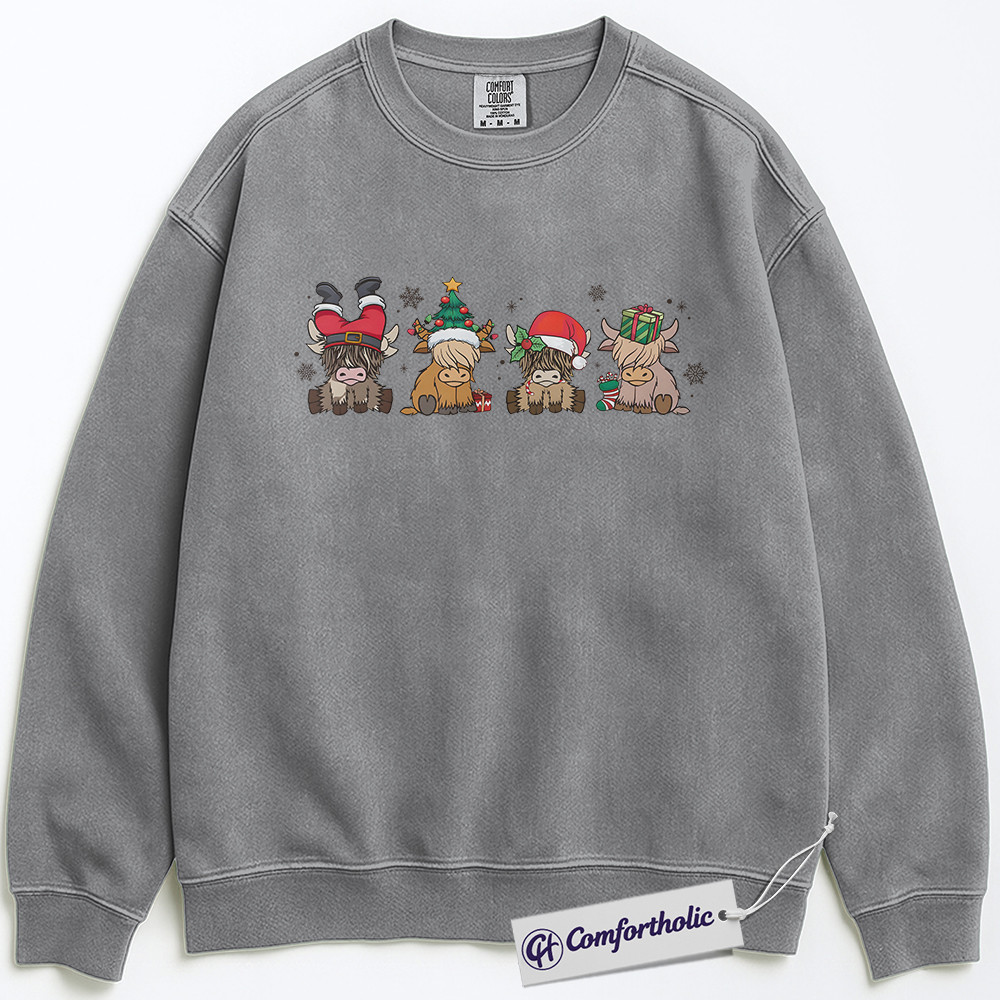Highland Cow Christmas Sweatshirt, Cute Holiday Cow Pullover, Funny Santa Hat Graphic Sweatshirt, Farm Animal Winter Gift, Christmas Comfort Colors Sweatshirt - Image 2