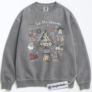 Alternative view of Tis the Season Christmas Sweatshirt, Cozy Holiday Aesthetic Pullover, Cute Festive Graphic Crewneck with Santa and Christmas Tree, Winter Gift for Women, Christmas Comfort Colors Sweatshirt