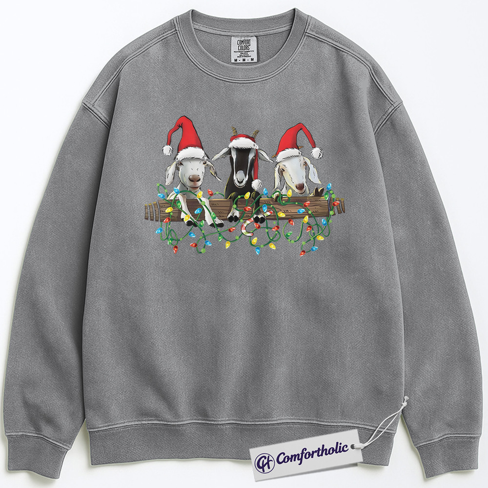 Funny Goat Christmas Sweatshirt, Cute Farm Animal Holiday Pullover, Three Goats with Santa Hats Graphic Crewneck, Christmas Gift for Goat Lovers, Christmas Comfort Colors Sweatshirt - Image 3