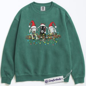 Funny Goat Christmas Sweatshirt, Cute Farm Animal Holiday Pullover, Three Goats with Santa Hats Graphic Crewneck, Christmas Gift for Goat Lovers, Christmas Comfort Colors Sweatshirt