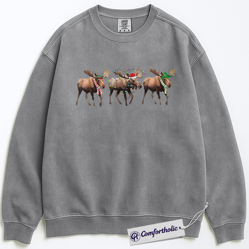 Funny Moose Christmas Sweatshirt, Cute Holiday Animal Pullover, Festive Lights and Santa Hat Graphic Crewneck, Christmas Gift for Animal Lovers, Christmas Comfort Colors Sweatshirt - Image 3