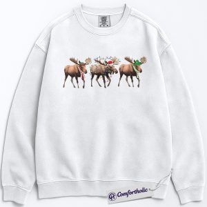 Alternative view of Funny Moose Christmas Sweatshirt, Cute Holiday Animal Pullover, Festive Lights and Santa Hat Graphic Crewneck, Christmas Gift for Animal Lovers, Christmas Comfort Colors Sweatshirt