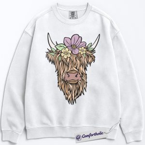 Alternative view of Highland Cow Flower Crown Sweatshirt, Boho Western Cow Pullover, Rustic Farm Animal Crewneck, Country Girl Aesthetic Gift, Comfort Colors Sweatshirt
