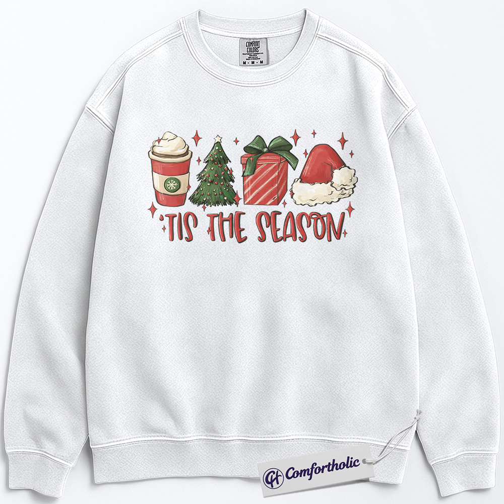 Tis the Season Christmas Sweatshirt, Cute Holiday Coffee Lover Pullover, Festive Gift Graphic Crewneck for Women, Christmas Comfort Colors Sweatshirt